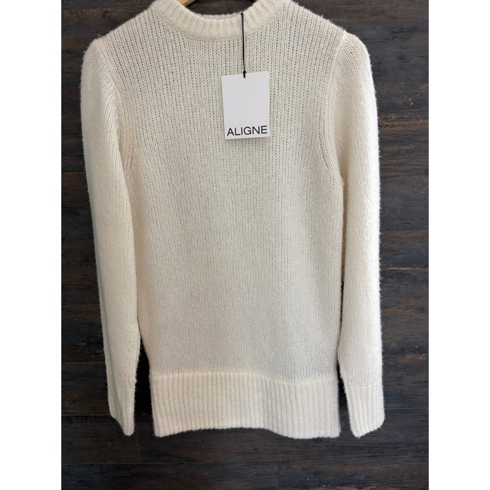 Aligne Liv Ivory Merino Wool Blend Sweater Crew Neck Ribbed Knit US 0 NEW